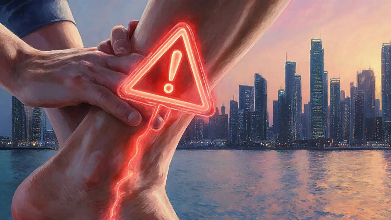 A leg with a hidden blood clot and a massage hand near the ankle, set against a Dubai cityscape at dusk.