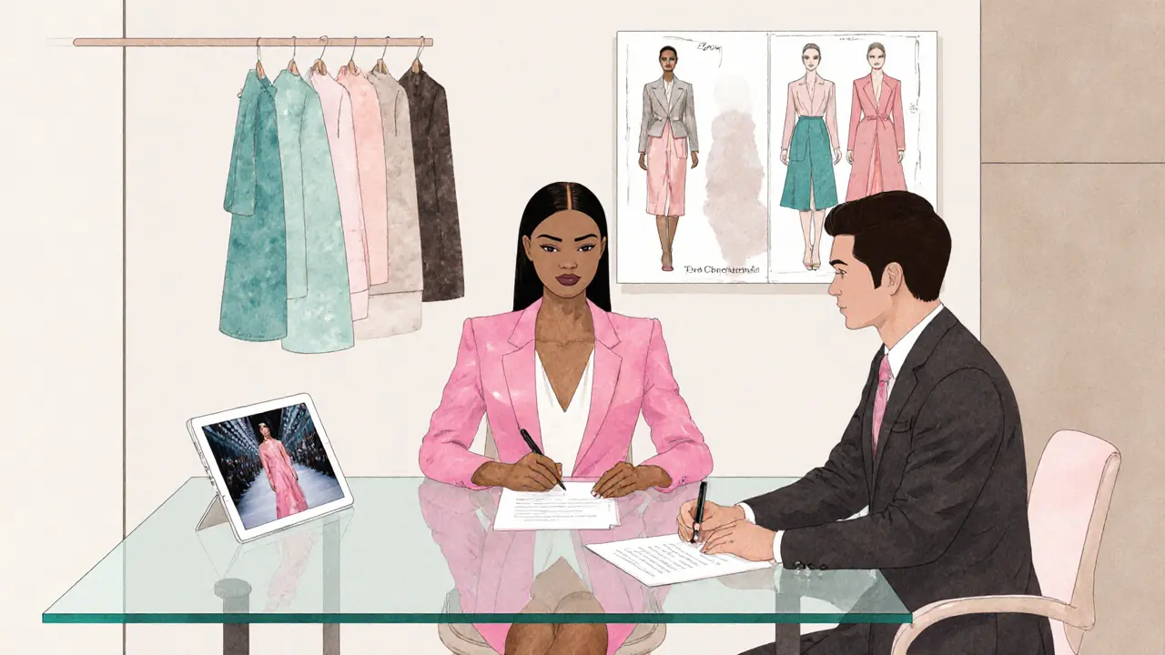 A supermodel and executive sign a contract in a modern fashion agency office.