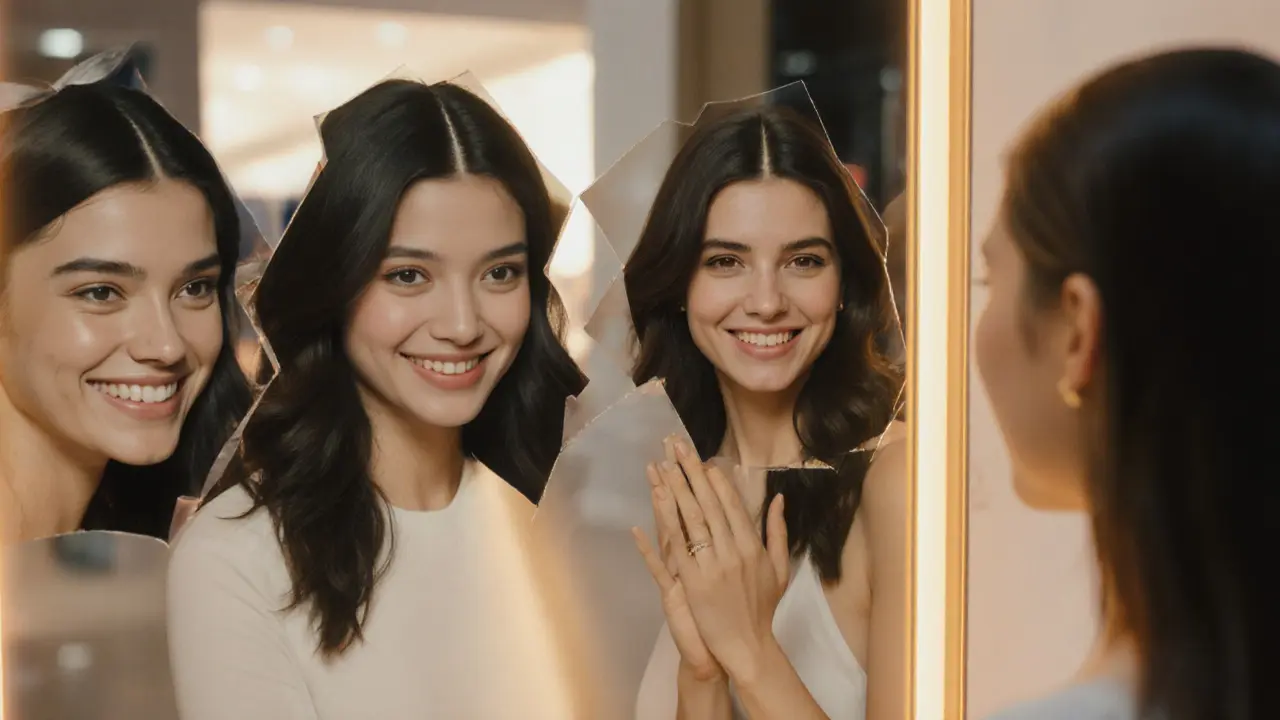 A woman in a Dubai mall sees reflections of diverse models in the mirror, symbolizing body acceptance.