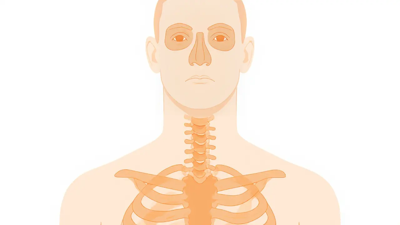 Anatomical illustration highlighting spine, neck front, eyes, abdomen, and chest.