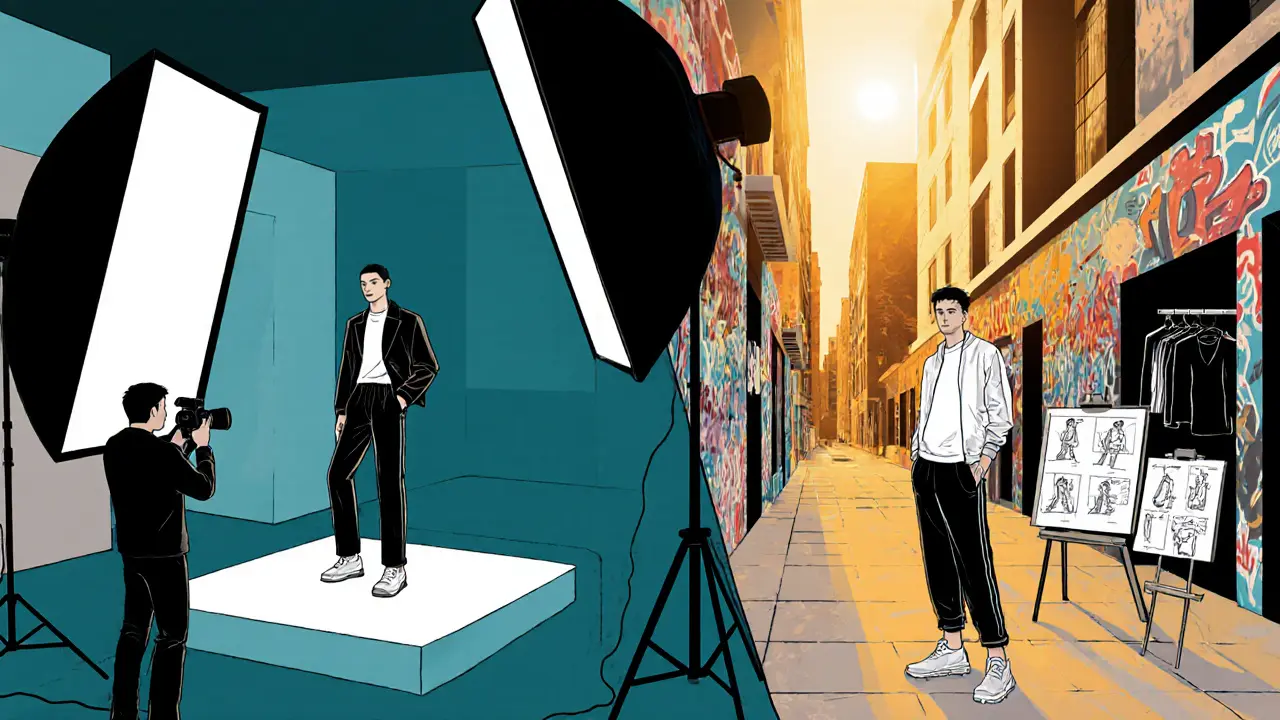 Artistic split‑scene of a studio fashion shoot and an urban street‑style shoot.