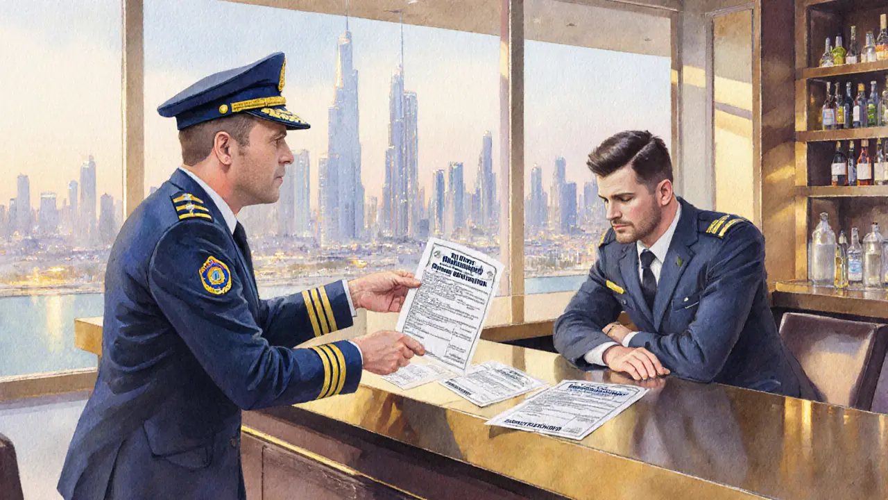 Club manager receives a fine from a police officer at a bar, with licensing papers on the counter.