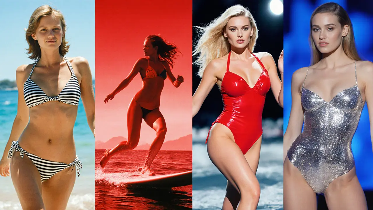 Collage showing Brigitte Bardot, Pamela Anderson, Kate Upton, and Miley Cyrus in famous bikinis.