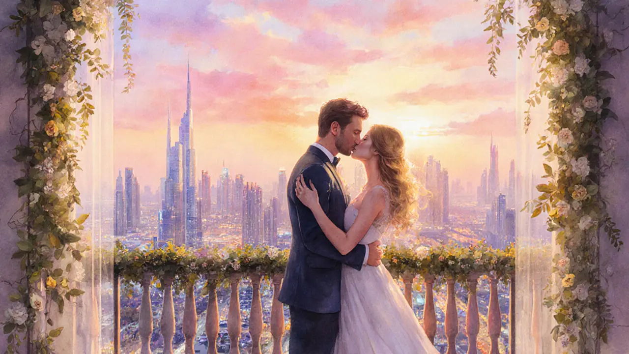 Couple enjoying a quiet kiss on a hotel balcony overlooking Dubai at sunset.