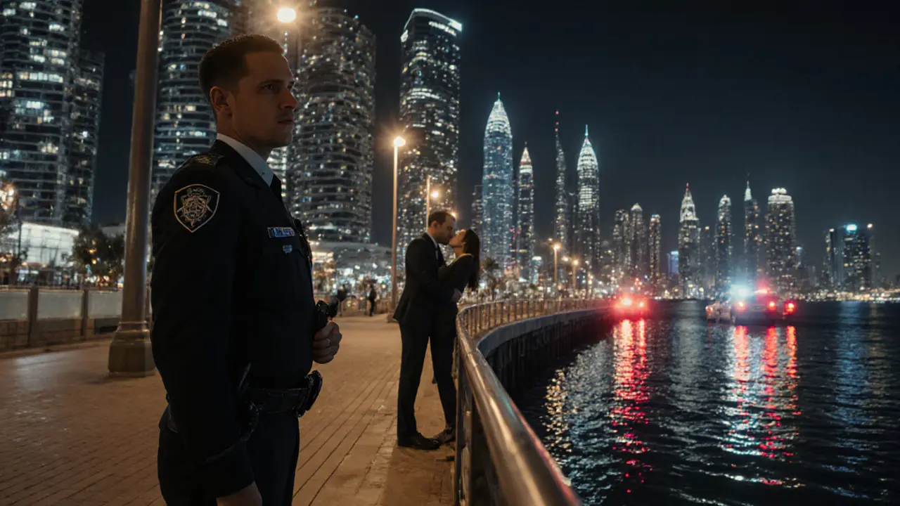 Couple sharing a brief kiss on a Dubai Marina promenade at night with a police officer nearby.
