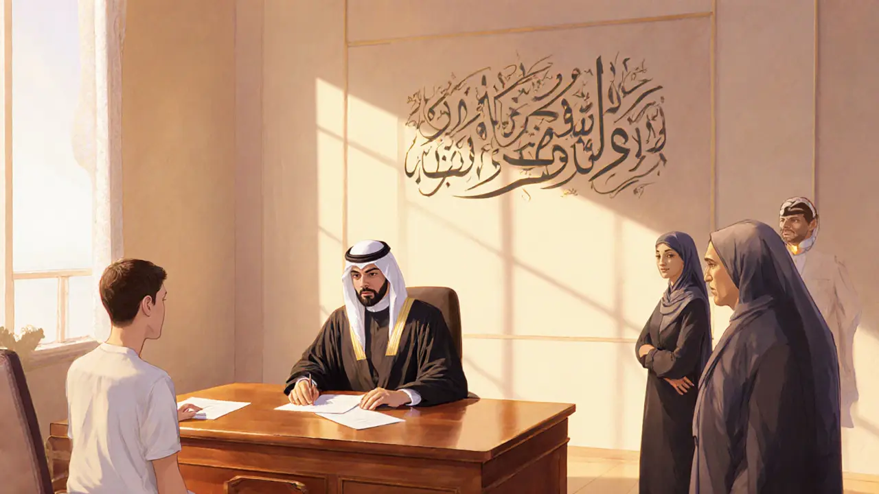 Couple signing marriage documents in Dubai Matrimonial Court with judge and witnesses.