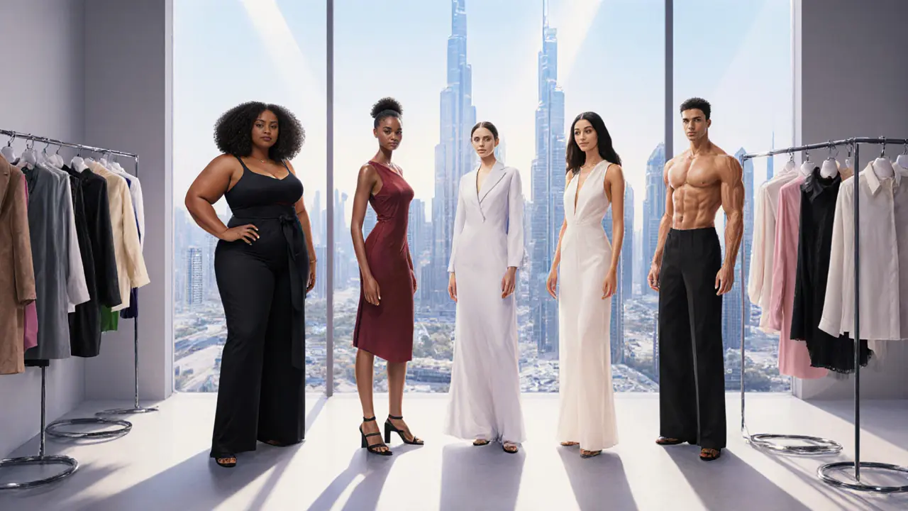 Diverse group of models of different body types standing together in a bright Dubai fashion studio.