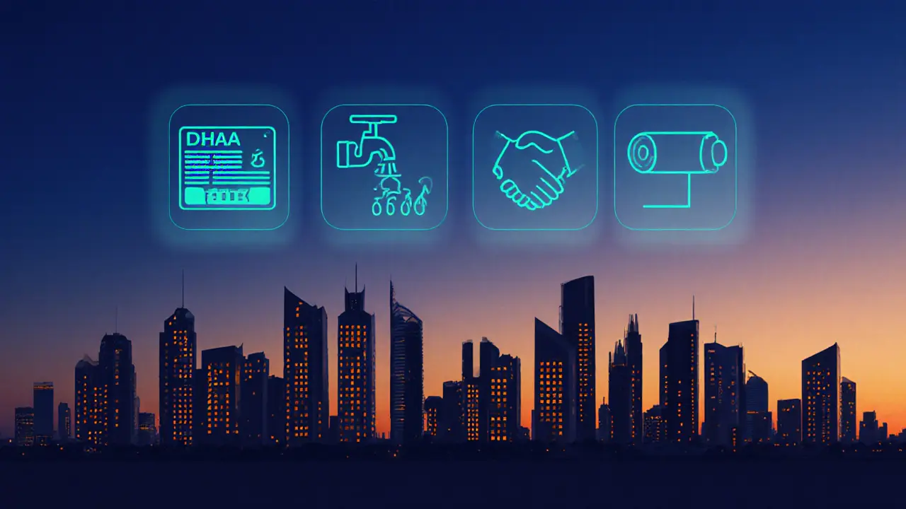 Dubai skyline with safety icons for license, hand washing, consent, and clean linens.