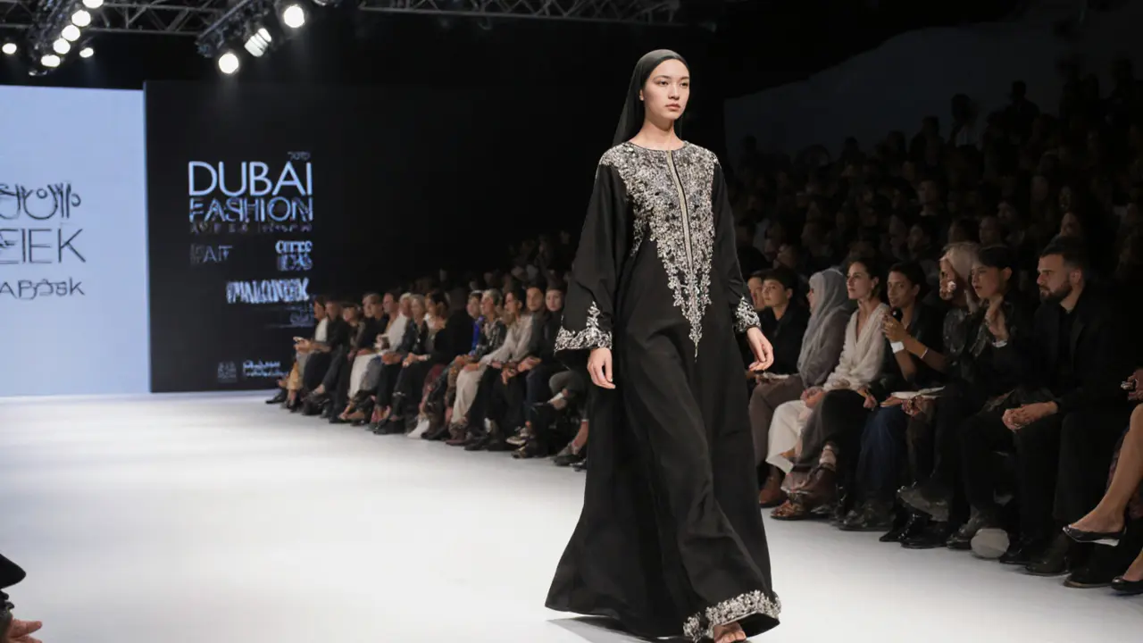 Female model walking a runway in an elegant abaya at Dubai fashion week under dramatic lights.