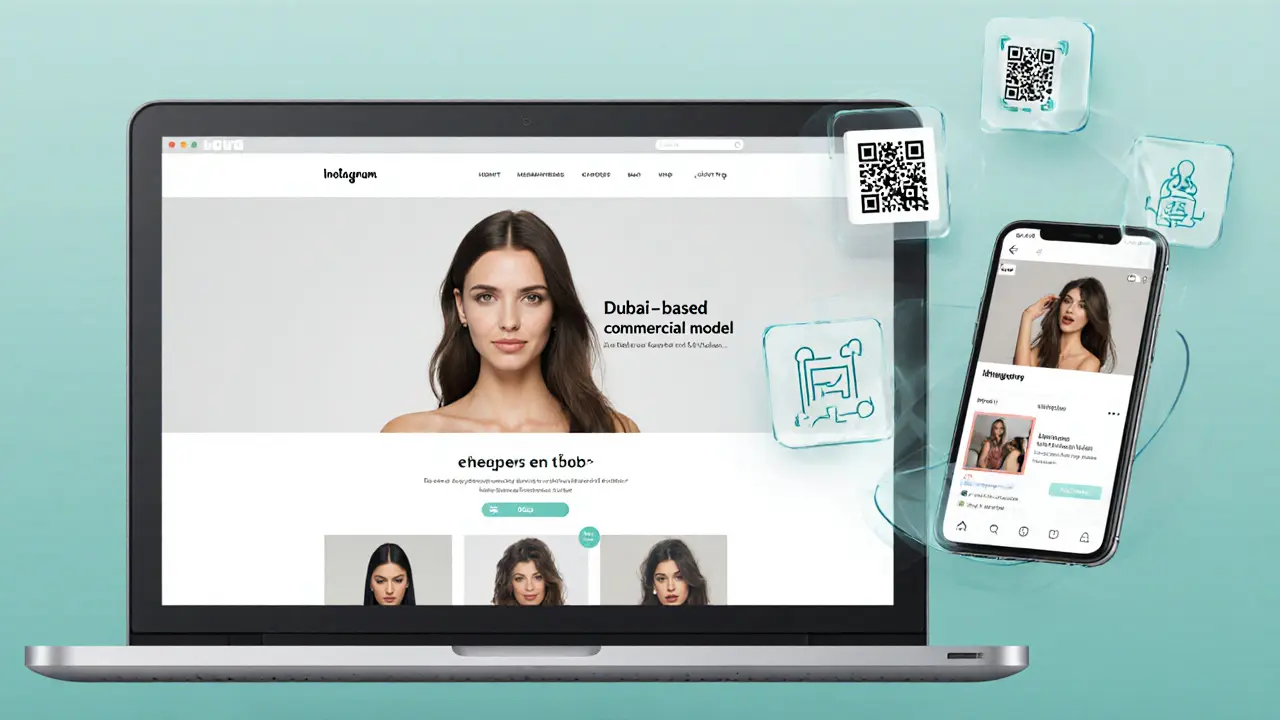 Flat‑design collage of a model&#039;s website on a laptop and Instagram grid on a phone.