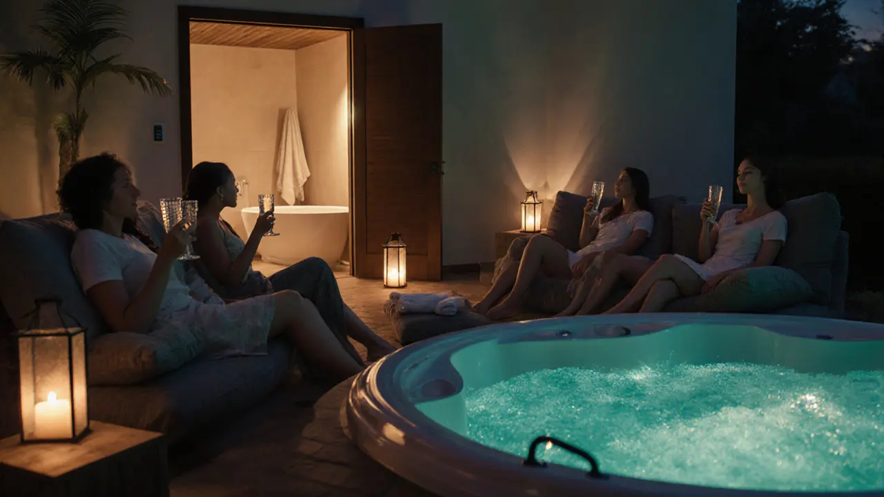 Friends relaxing in a sunset spa lounge beside a jacuzzi, contrasted with a home bathtub.