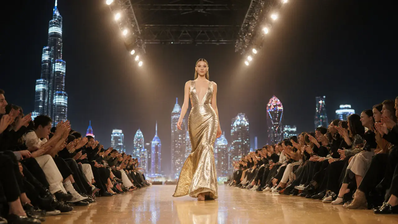 Gigi Hadid walking a runway at Dubai Fashion Week with the Burj Khalifa in the background.