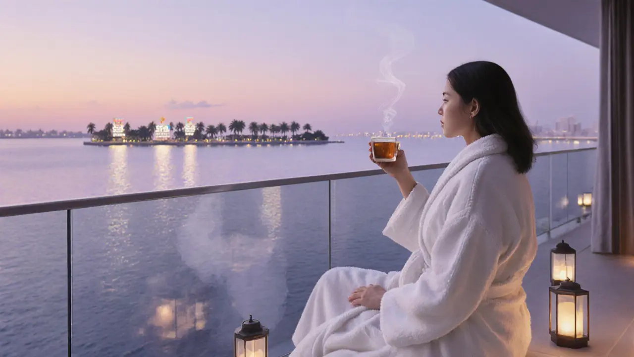 Guest in a robe sipping tea on a balcony overlooking the Gulf at twilight.