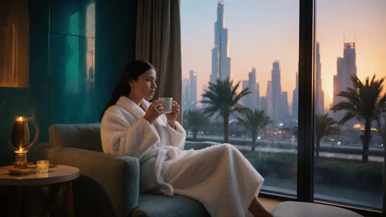 Guest relaxing in lounge with robe, tea, and Dubai skyline at sunset.