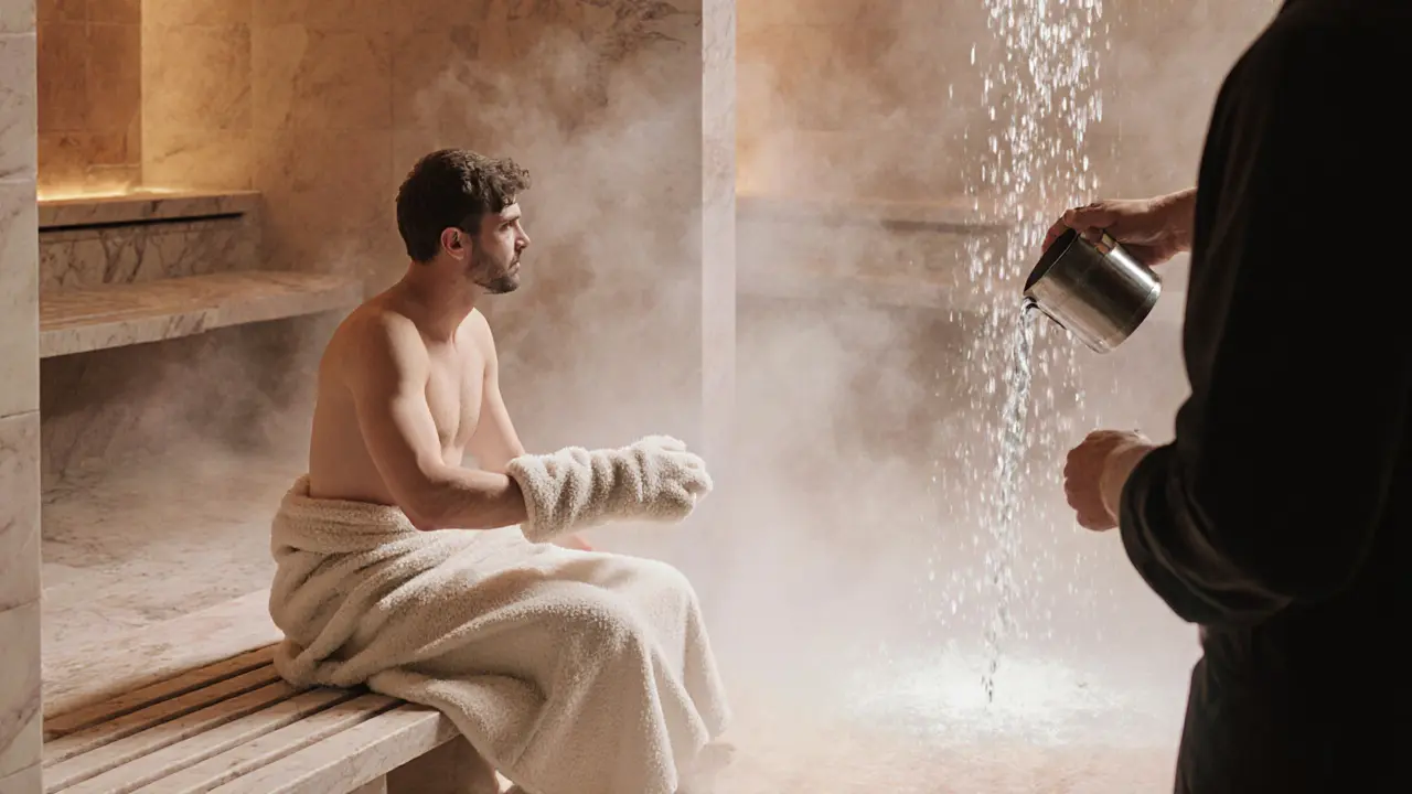 Guest wrapped in towel in steamy hammam, therapist using a kese glove for exfoliation.