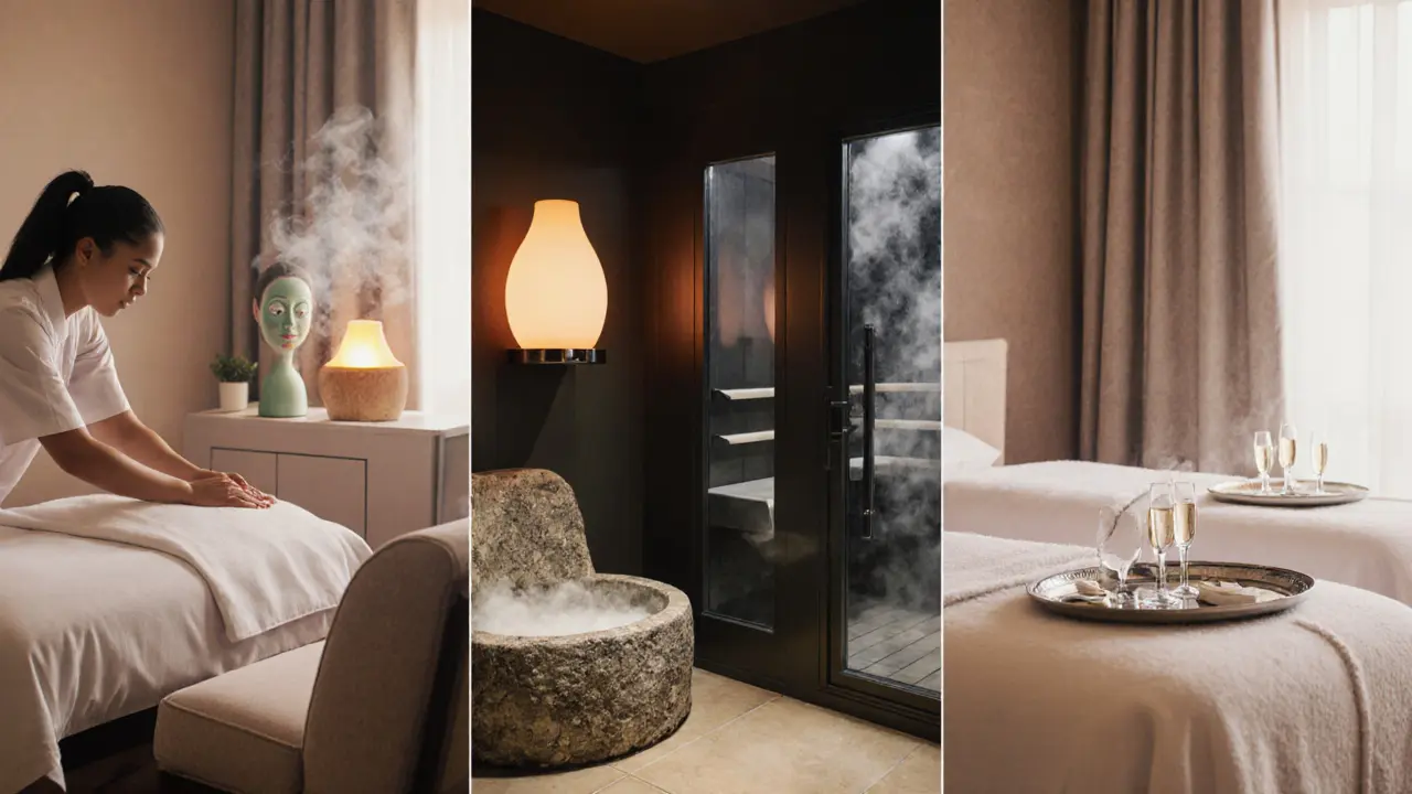 Illustrated three spa package tiers showing essential, premium, and luxury services.