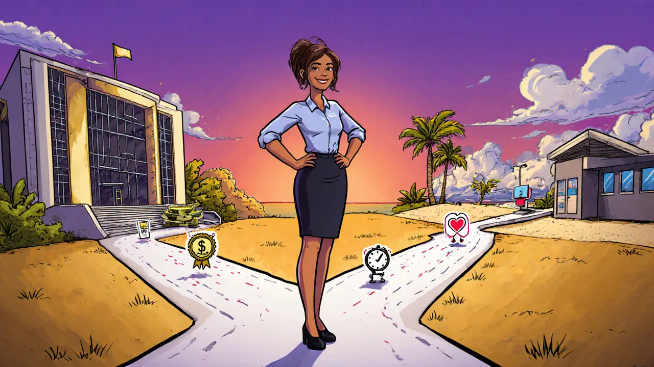 Illustration of a gym teacher choosing career paths toward higher pay and growth.