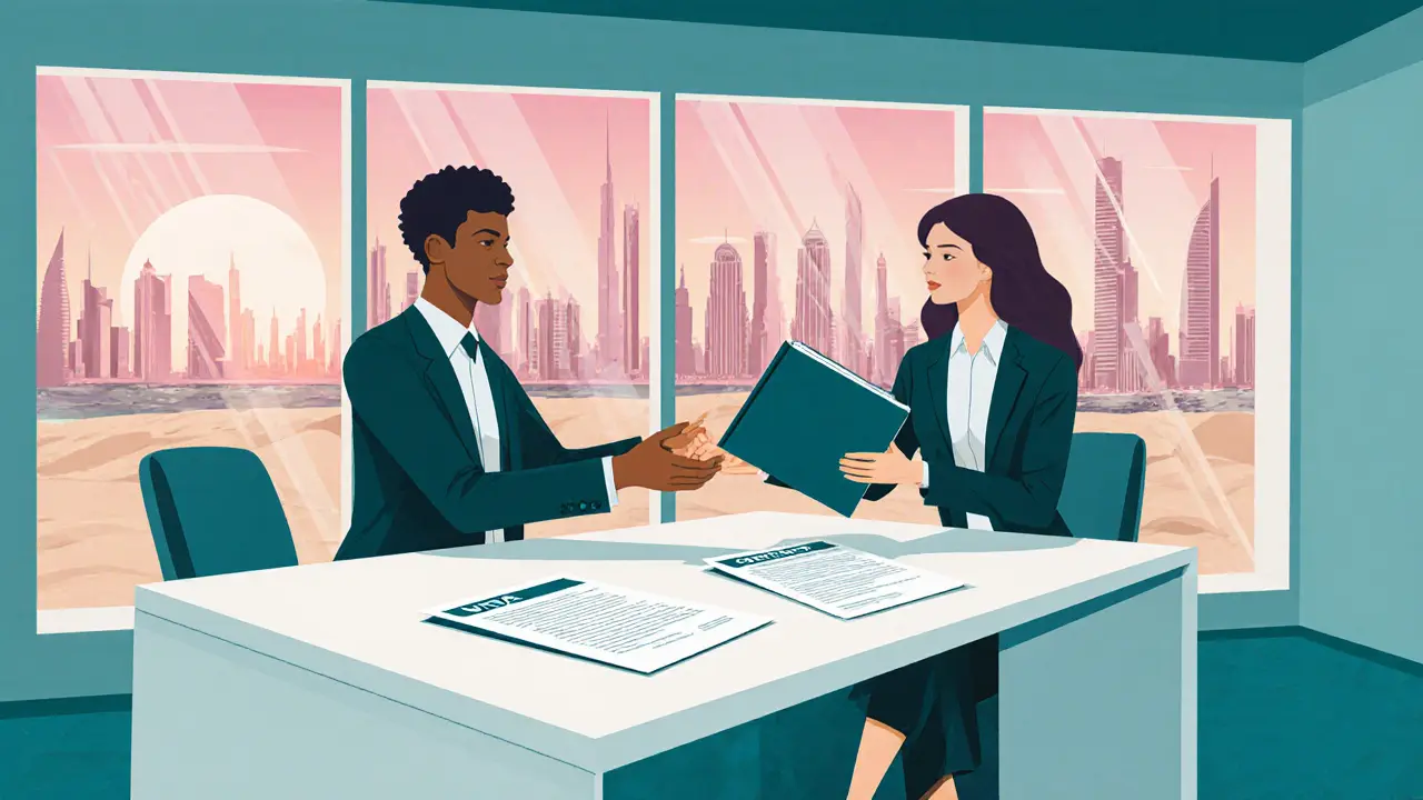 Illustration of a model presenting a portfolio to agents in a Dubai office with skyline view.