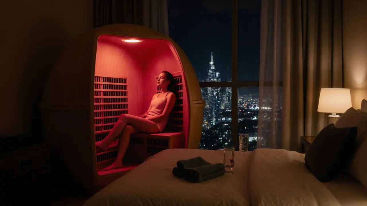 Infrared sauna pod in a quiet bedroom at night with soft red glow and city lights outside.