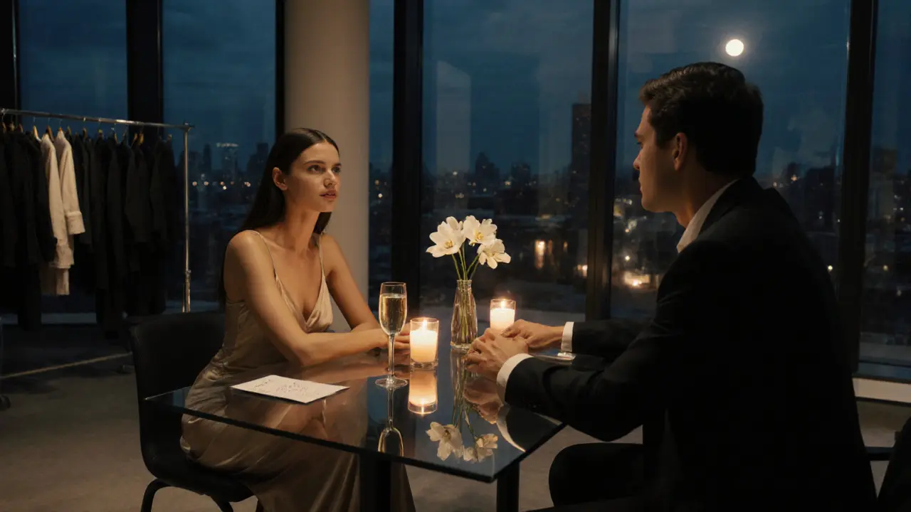 Intimate dinner in a loft with a model and entrepreneur, candles glowing.