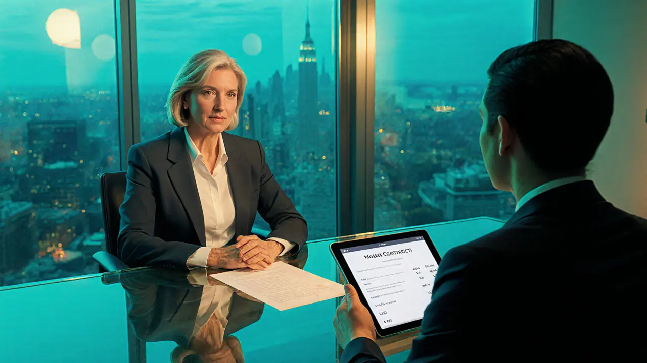 Mature model negotiating rates with an agency rep in a modern glass office.