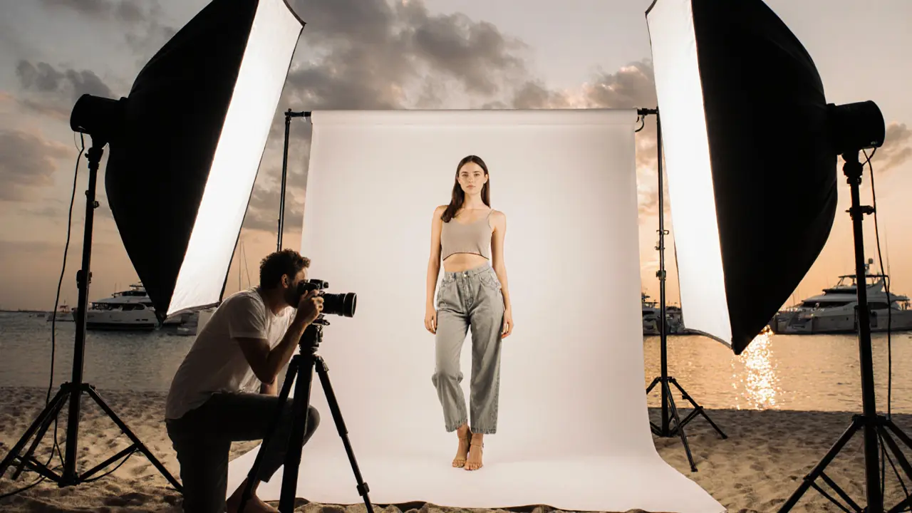 Model at sunrise beach studio on Palm Jumeirah, crew setting up shoot.