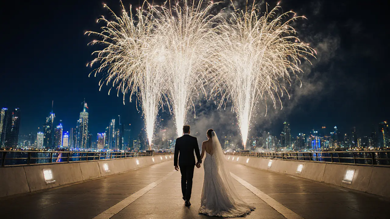 Newlyweds strolling under fireworks beside Dubai Marina at night.