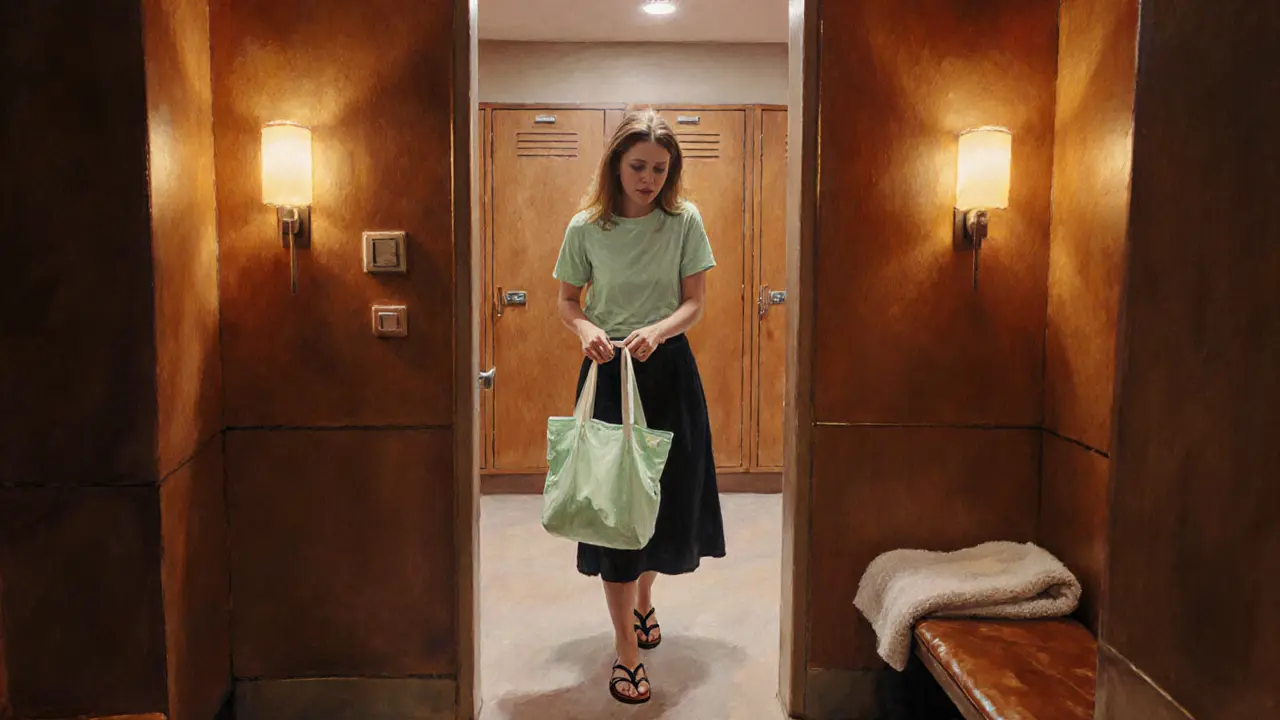 Oil painting of a client changing into fresh clothes after a spa session.