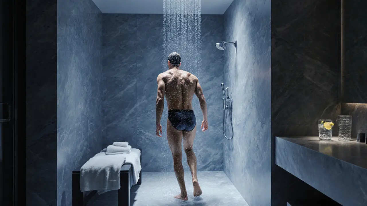 Person stepping out of a sauna into a cool bathroom with shower and water glass nearby.