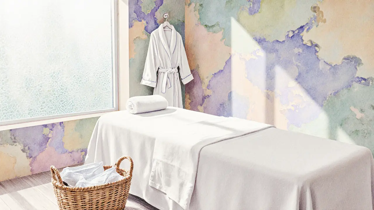 Prepared spa treatment room with draped sheet, folded robe, and towel basket.