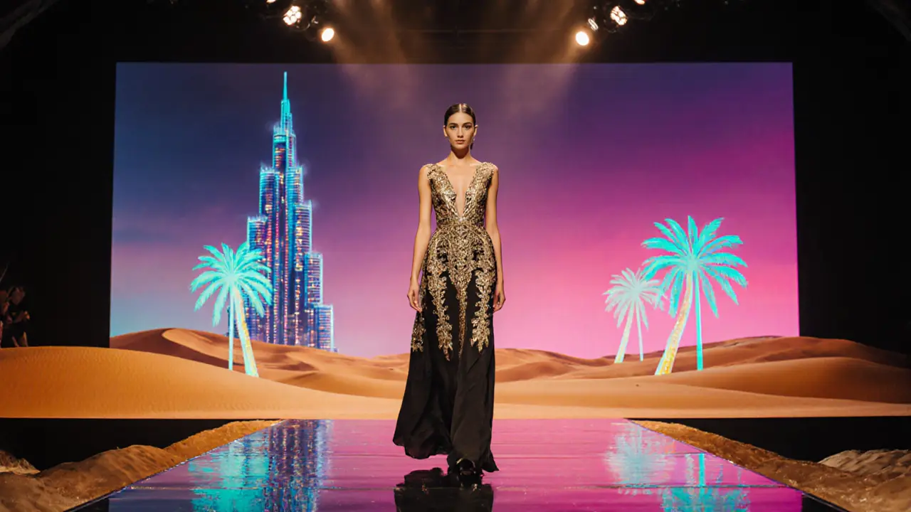 Randa Khalail walks a Dubai runway with the Burj Khalifa and desert set behind her.