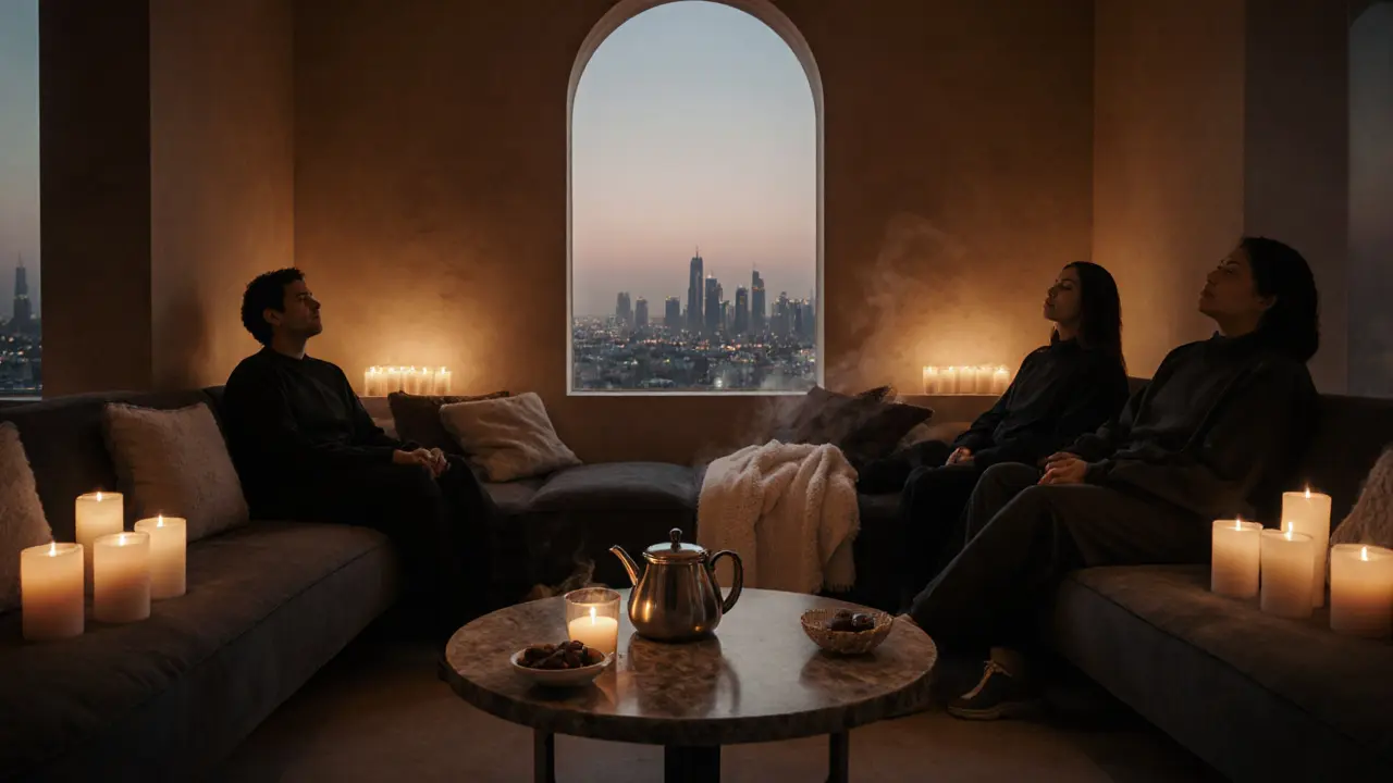 Relaxation lounge with tea, towel, and Dubai skyline view after a hammam session.