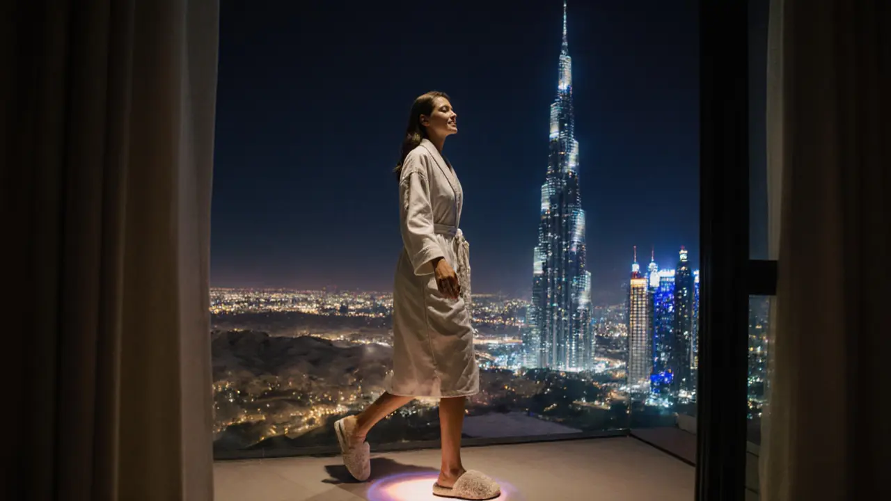 Relaxed client in slippers on a balcony with Dubai skyline at night after a foot massage.