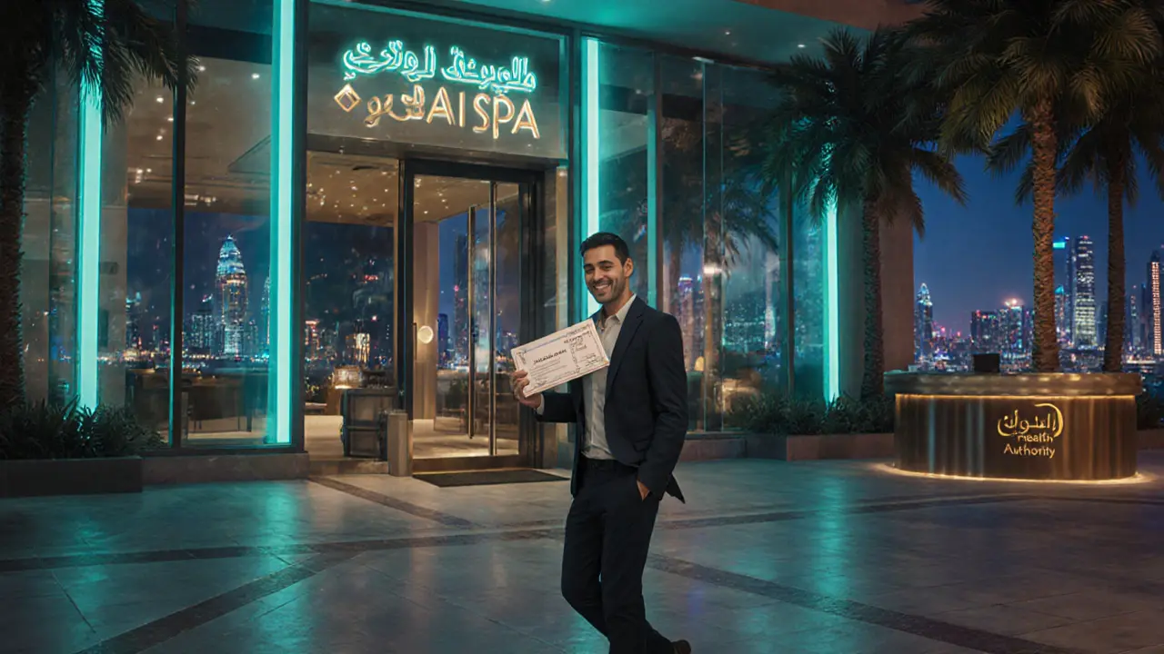 Relaxed client leaving a Dubai spa at night holding a voucher for a massage package.