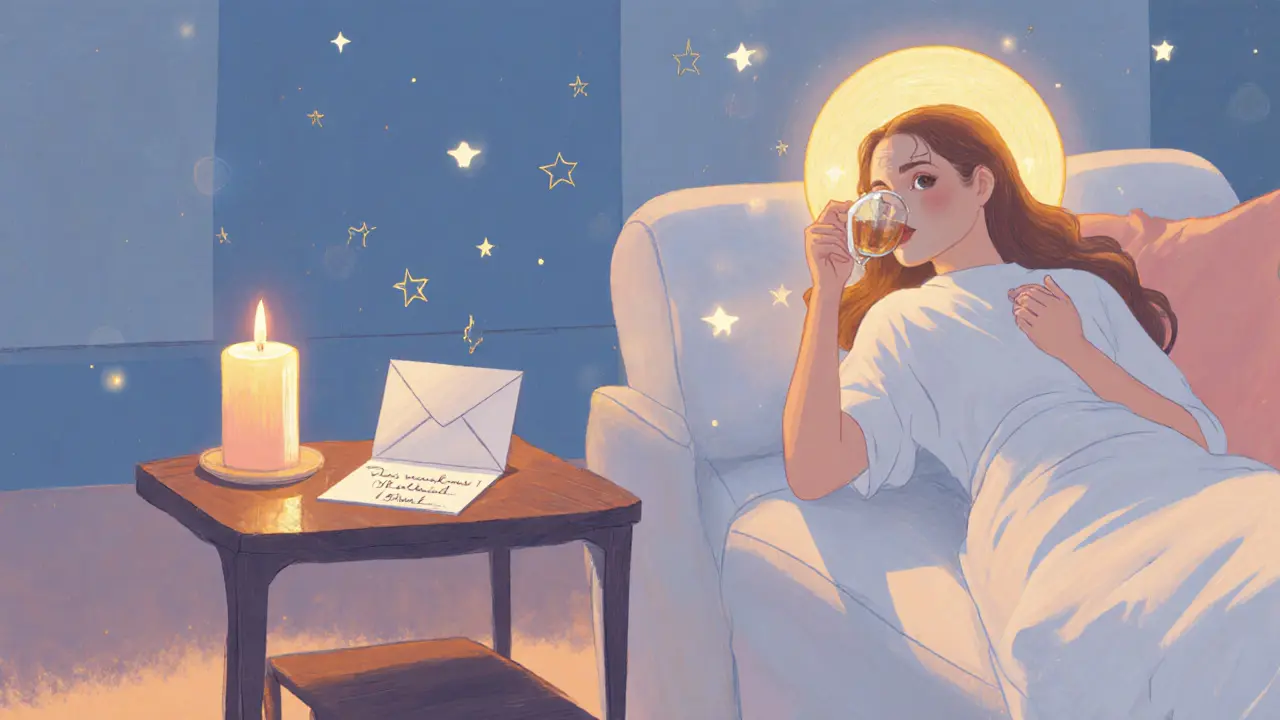 Relaxed guest in lounge sipping tea, tip envelope and thank‑you note nearby.