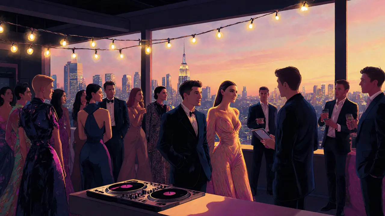 Rooftop industry mixer at sunset with models, actors, and a celebrity couple.
