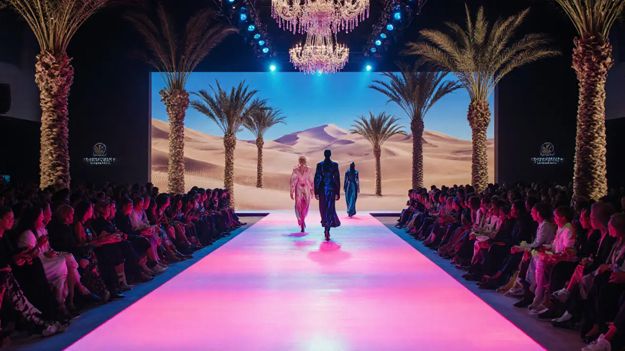 Runway show at Dubai Fashion Week with bright lights and desert backdrop.