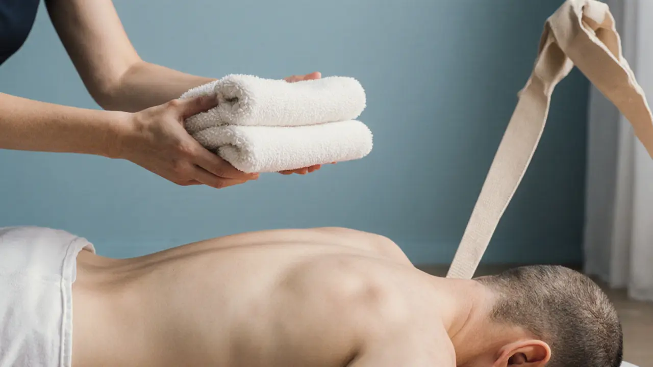 Therapist applying a warm towel and assisting a gentle neck stretch.