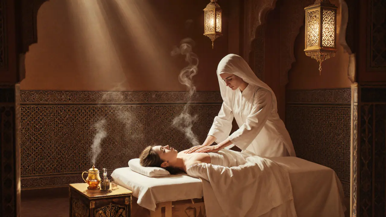 Therapist giving an Arabic oil massage in a warm, lanternâlit Arabian spa.
