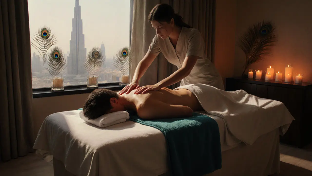 Therapist performing a full-body massage in a dimly lit spa with warm candlelight.