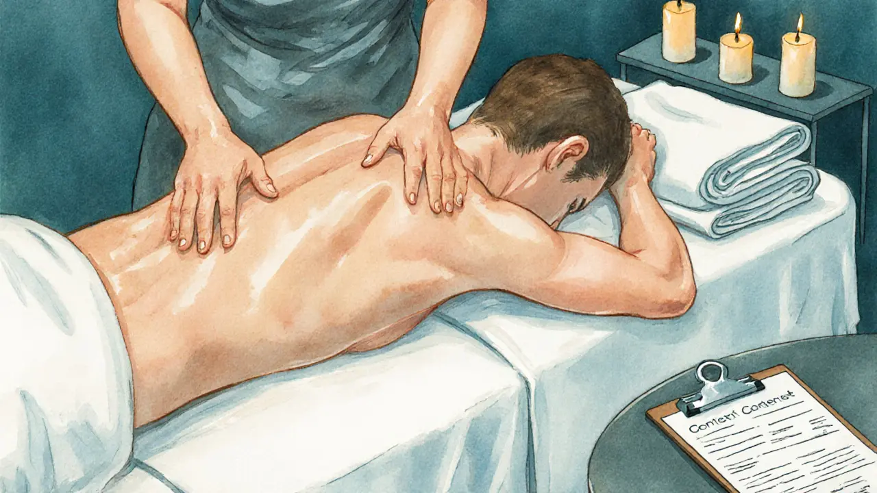 Therapist performs a body-to-body massage using torso and arms on a client with clean linens.