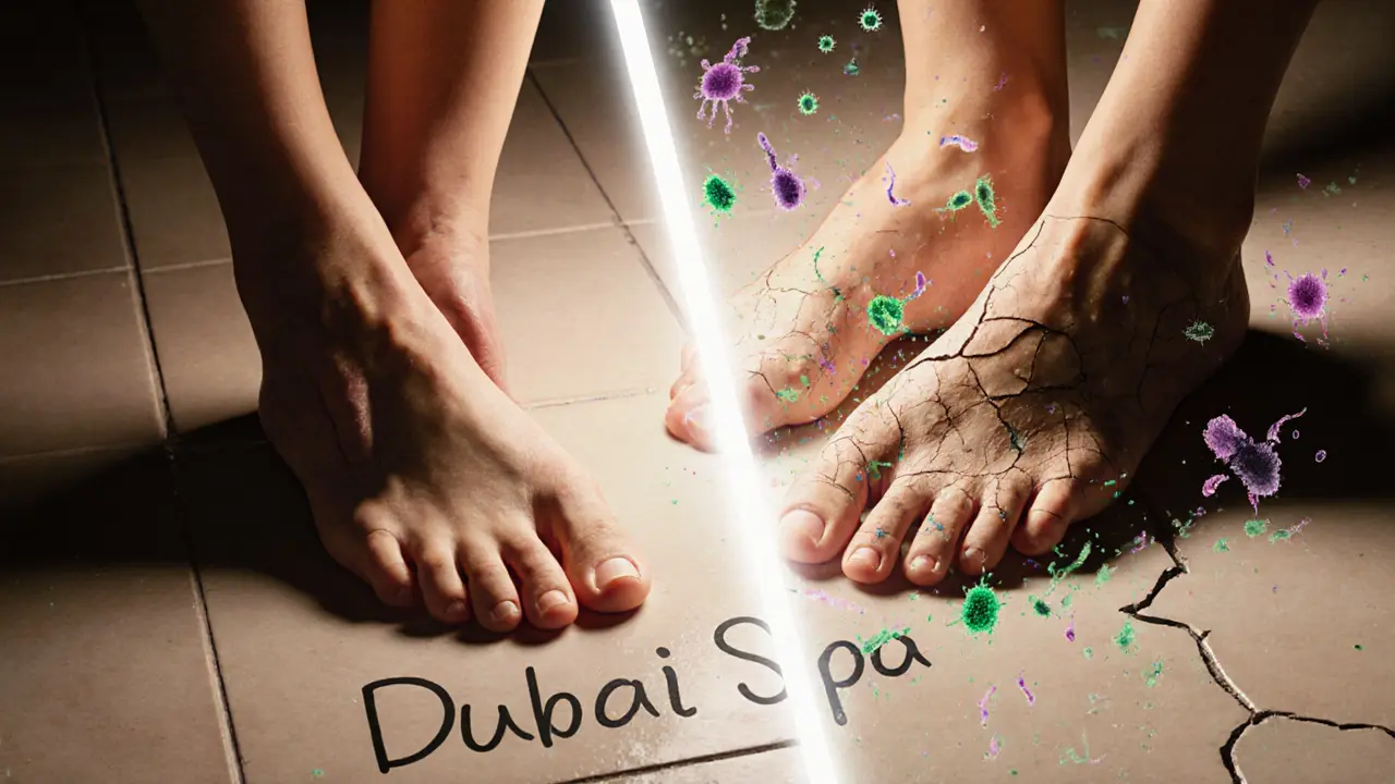 Two contrasting feet—one healthy and relaxed, the other infected—divided by a cracked tile floor labeled 'Dubai Spa'.