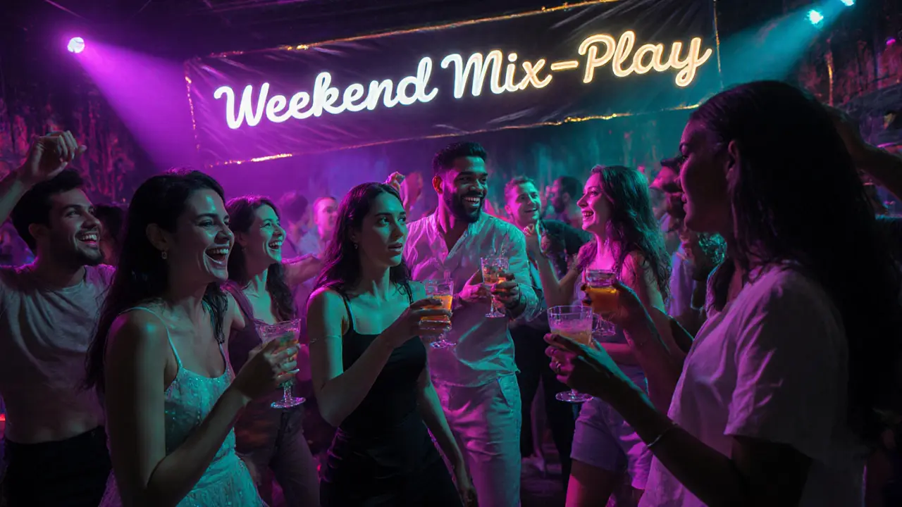 Vibrant mixed‑gender crowd dancing in a nightclub under colorful lights with an inclusive banner.