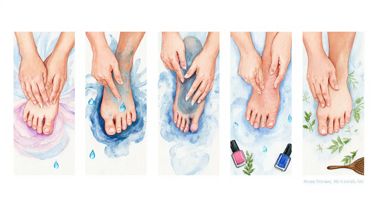 Watercolor panels illustrating Swedish, deep‑tissue, reflexology, aromatherapy, and pedicure foot massages.