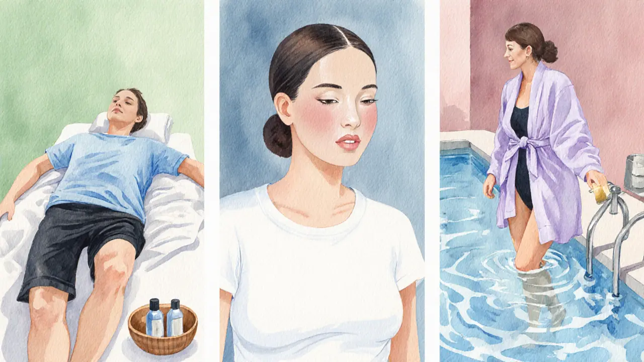 Watercolor panels show attire for massage, facial, and hydrotherapy at Spolia.