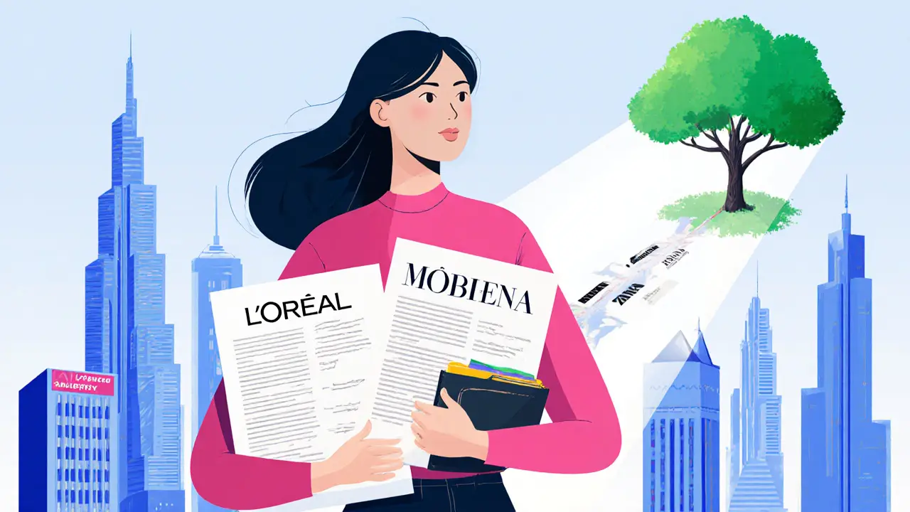 Woman holding modeling contracts while standing on Dubai's skyline, symbolizing career growth and opportunity.