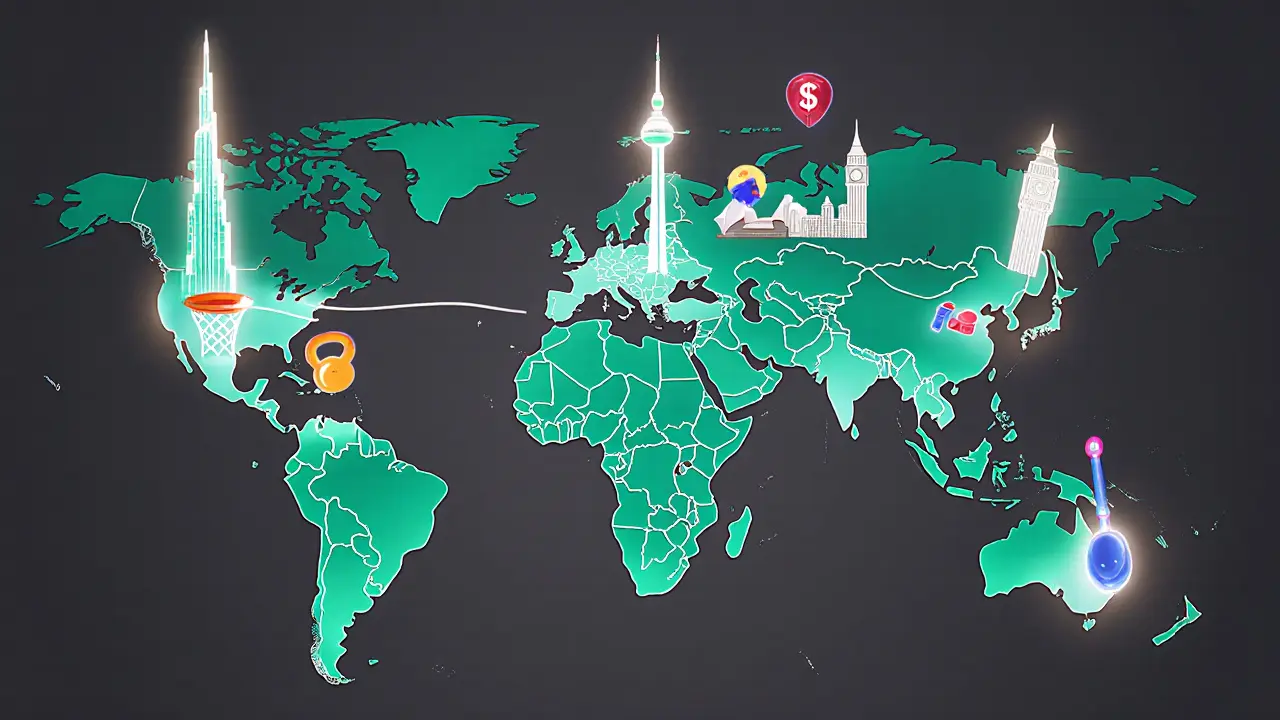 World map collage showing top gym teacher pay locations with landmarks and gym icons.