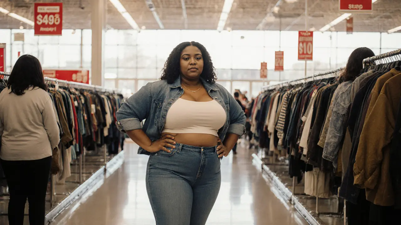 A 200-pound woman posing confidently in denim in a sunlit Target store aisle with inclusive clothing racks.