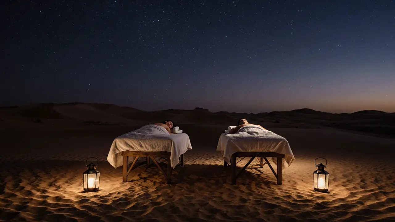A couple peacefully massaged in private desert tents under a starry sky, with lanterns and sand beneath them.