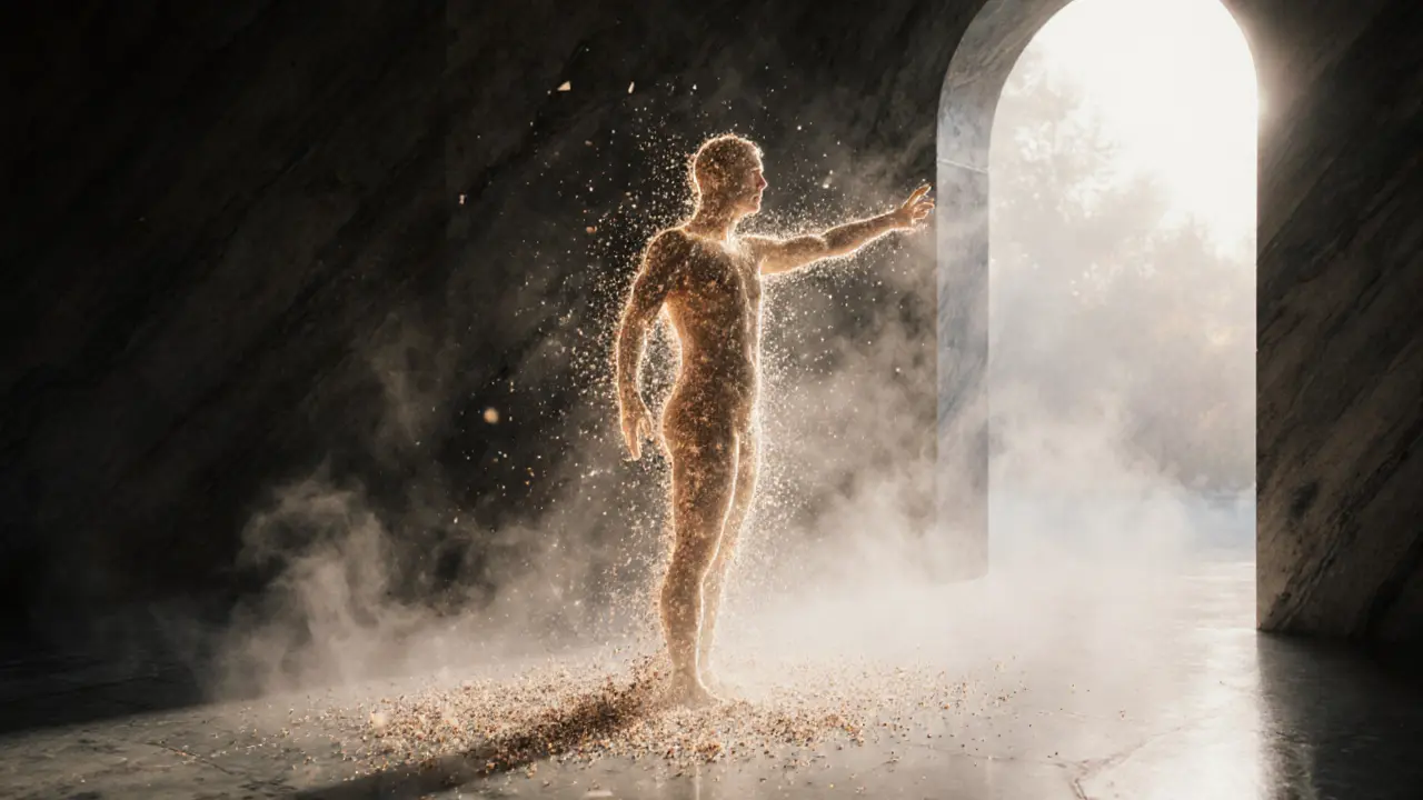 A glowing figure emerging from steam and skin flakes, symbolizing transformation and renewal.